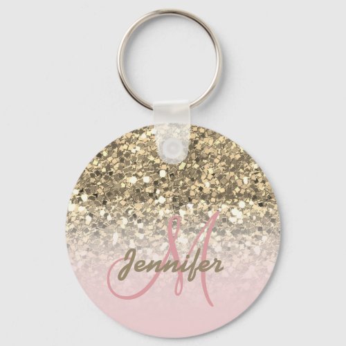 Girly Pink Gold Glitter Sparkles Monogram Name Keychain