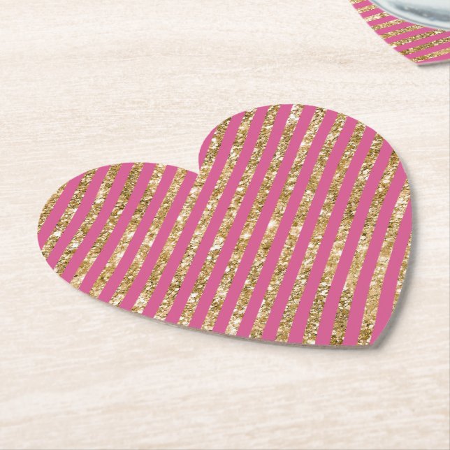 Girly Pink Gold Glitter Stripes Paper Coaster (Angled)