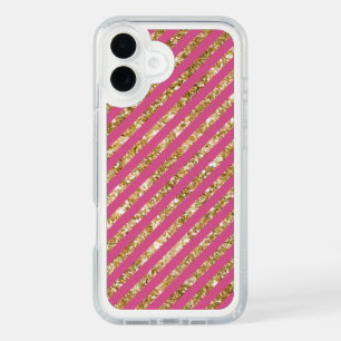 Girly Pink Gold Glitter Stripes iPhone 16 Plus Case
