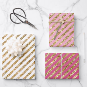 Girly Pink Gold Glitter Stripes Wrapping Paper Sheets