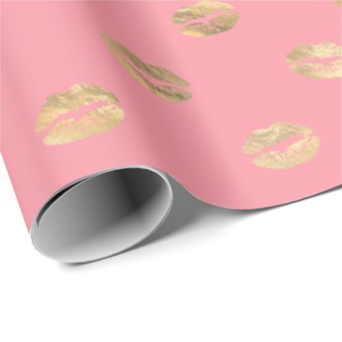 Girly Pink Gold Kiss Lips Pattern Wrapping Paper