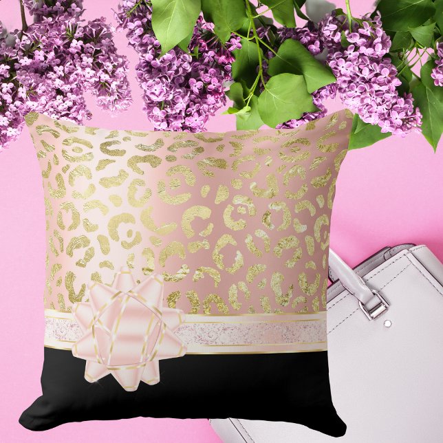 Girly Pink Gold Leopard Black Pale Pink Bow Ribbon Throw Pillow (Creator Uploaded)
