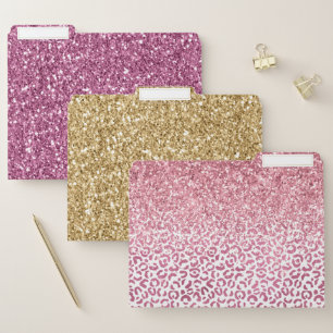 Girly Pink Gold Leopard Print Glitter File Folder