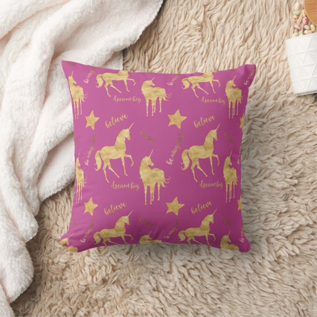 Girly Pink Gold Magical Unicorn   Throw Pillow (Blanket)