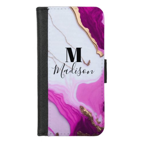 Girly pink gold marble monogram iPhone 87 wallet case