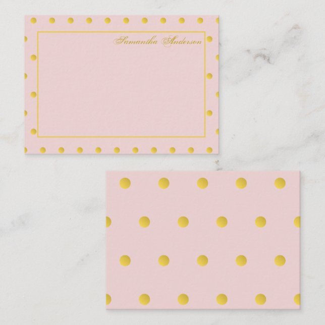 Girly Pink Gold Polka Dot Personalized Note Card (Front/Back)