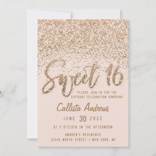 Girly Pink Gold Scattered Glitter Ombre Sweet 16 Invitation