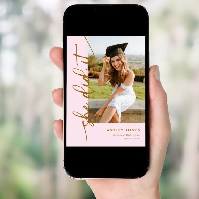 Girly Pink & Gold She Did It Photo Graduation Invitation (Front Digital)