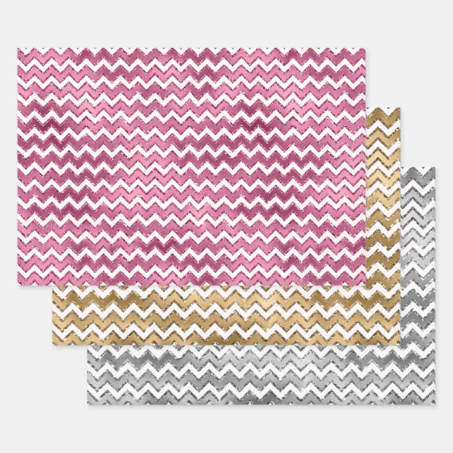 Girly Pink Gold Silver White Stripes Birthday Wrapping Paper Sheets (Set)