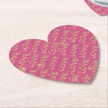 Girly Pink Gold Sparkle Love Paper Coaster by peacefuldreams at Zazzle