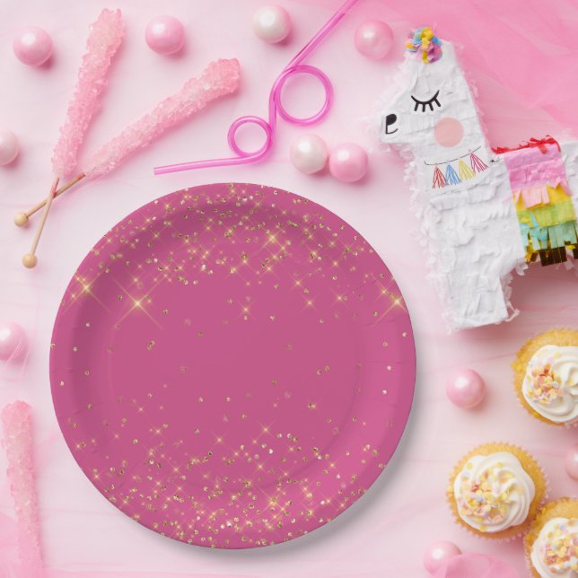 Girly Pink Gold Sparkles Confetti Glitter Paper Plates (Party)
