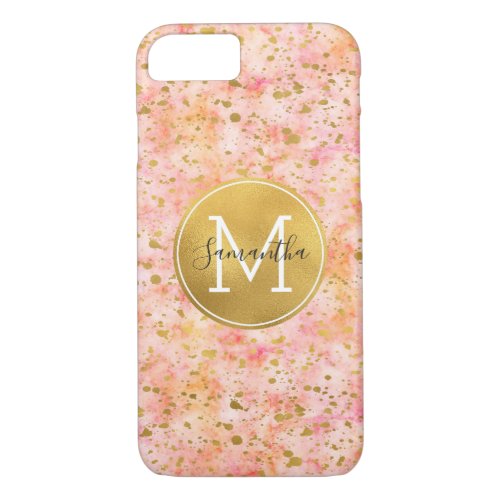 Girly Pink Gold Watercolor Confetti Monogram iPhone 87 Case