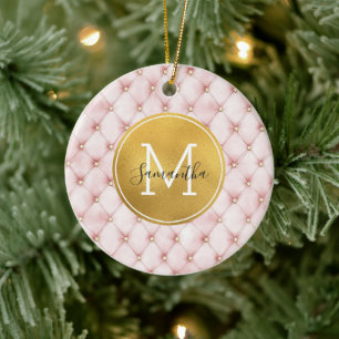 Girly Pink Gold Watercolor Confetti Monogram Ceramic Ornament