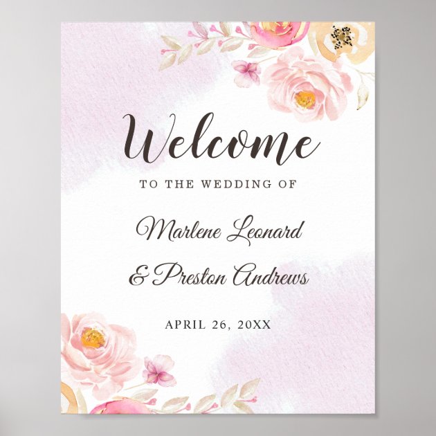 Girly Pink & Gold Watercolor Floral Wedding Sign