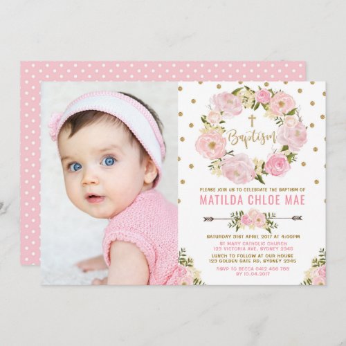 Girly Pink Gold Watercolor Floral Wreath Baptism Invitation
