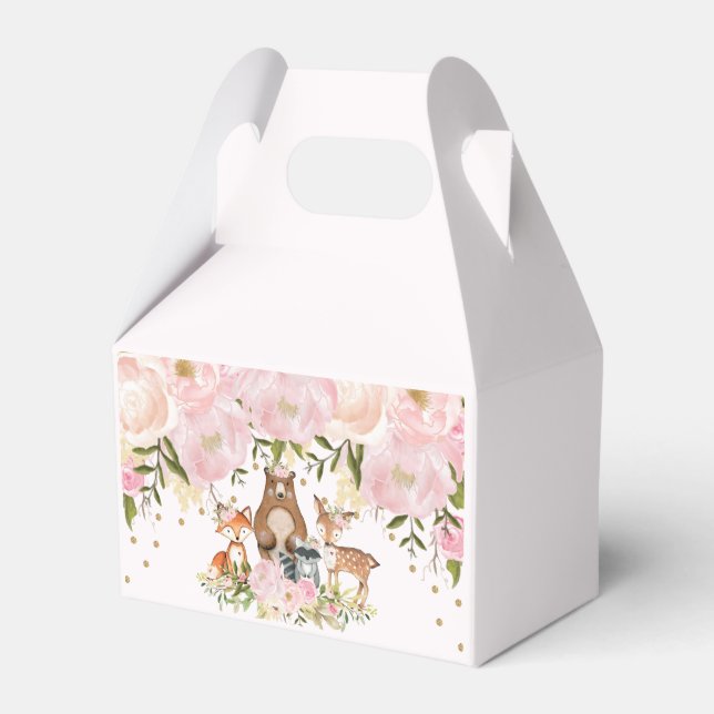 Girly Pink Gold Woodland Animals Birthday Party Favor Boxes (Front Side)