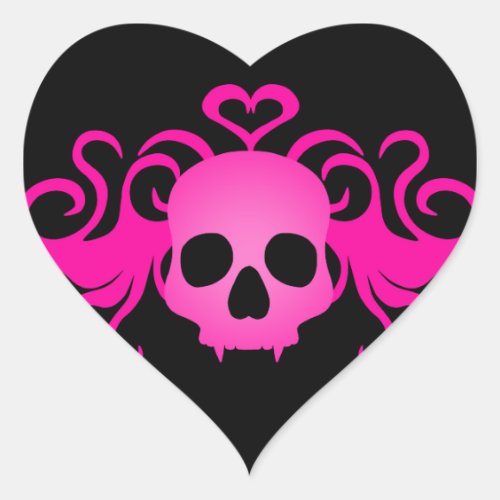 Girly pink goth fanged vampire skull on black heart sticker