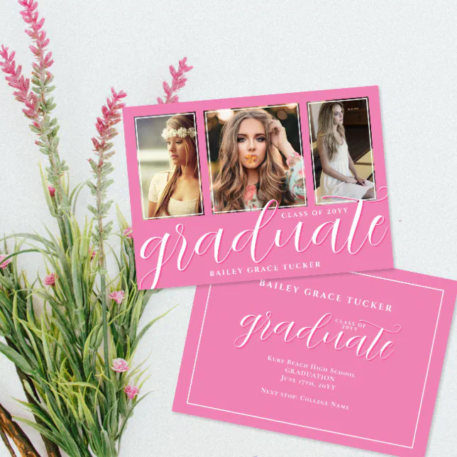 Girly Pink Graduate Script 3 Photo Graduation Announcement Zazzle