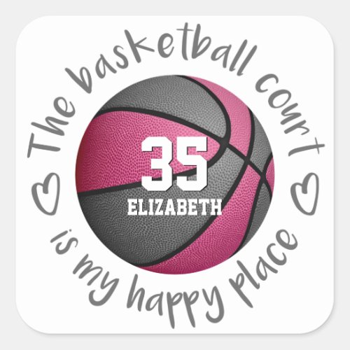 girly pink gray basketball court is my happy place square sticker