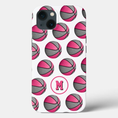 girly pink gray basketballs pattern monogrammed iPhone 13 case