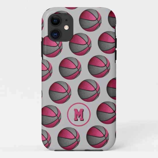 girly pink gray basketballs pattern monogrammed iPhone 11 case