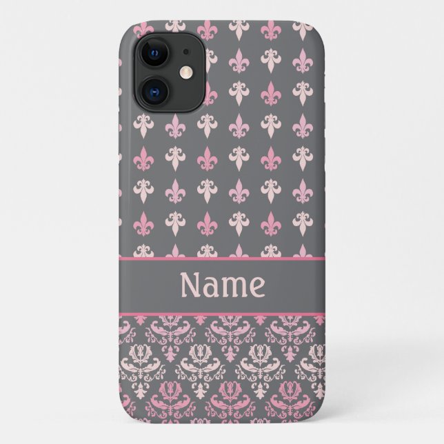 Girly Pink Gray Fleur de Lis Damask Pattern Case-Mate iPhone Case (Back)