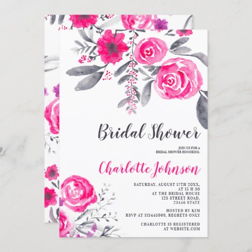 Girly pink gray floral watercolor bridal shower invitation