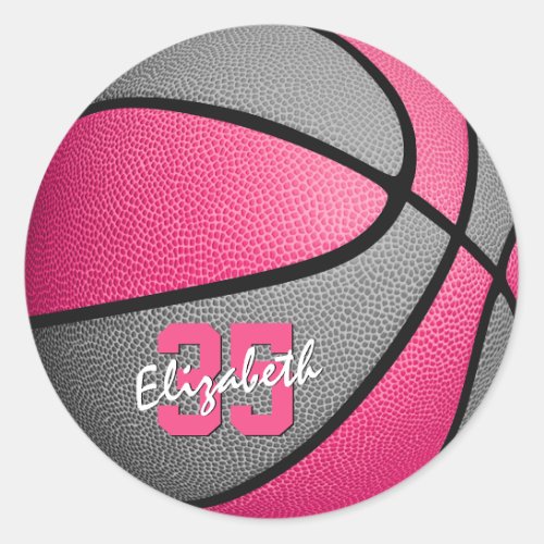 girly pink gray personalized basketball classic round sticker