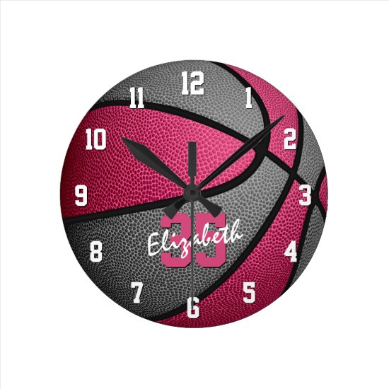girly pink gray personalized basketball round clock