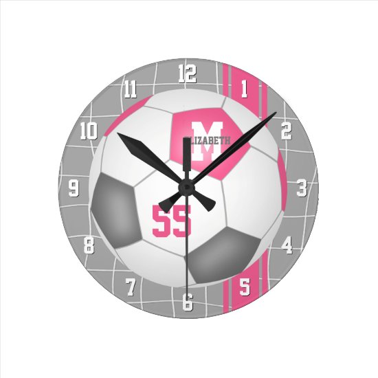 girly pink gray personalized soccer round clock