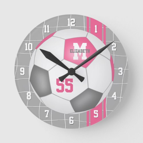 girly pink gray personalized soccer round clock