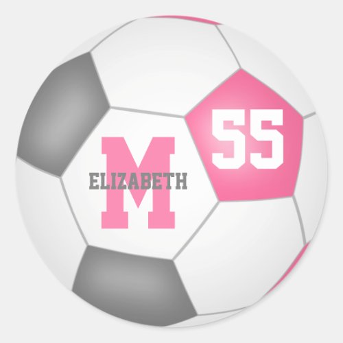 girly pink gray soccer ball personalized classic round sticker
