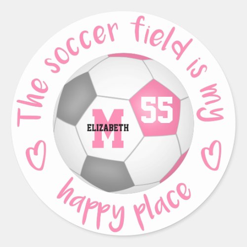 girly pink gray soccer field is my happy place classic round sticker