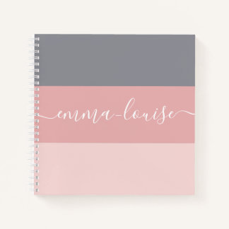 Girly Pink Gray Stripe Hand Lettered Name Notebook