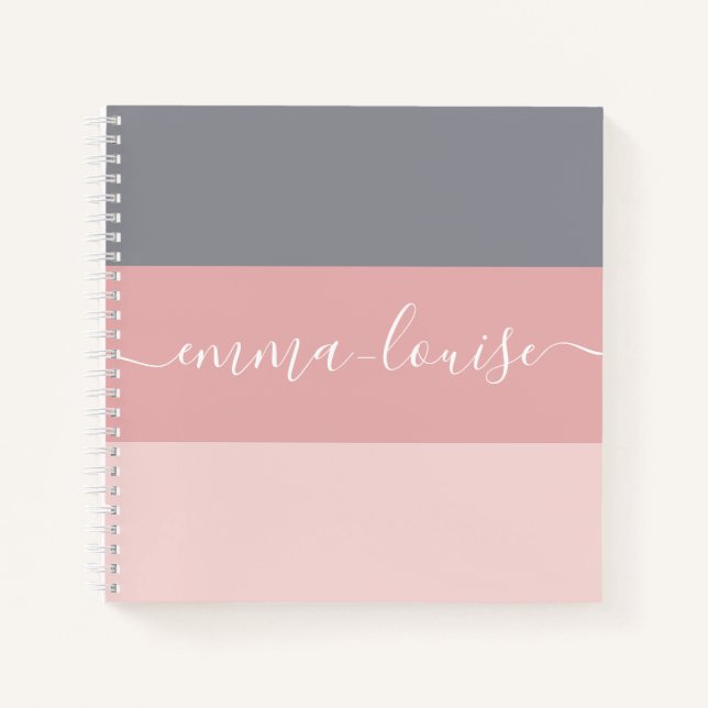 Girly Pink Gray Stripe Hand Lettered Name Notebook (Front)