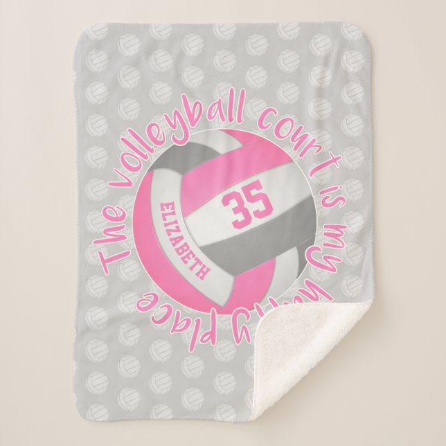 girly pink gray volleyball court my happy place sherpa blanket (Front)