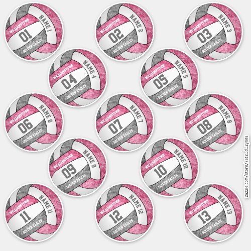 girly pink gray volleyball player names set of 13 sticker