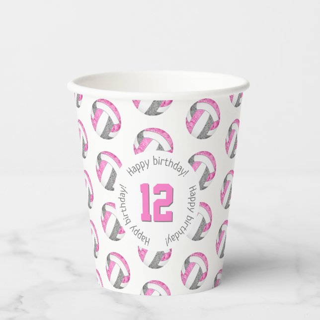 girly pink gray volleyballs birthday party paper cups (Front)