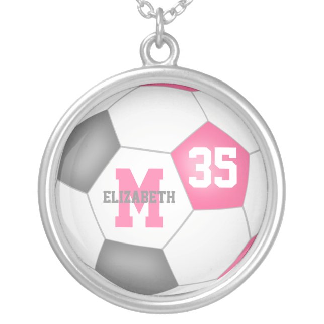girly pink gray white personalized soccer silver plated necklace (Front)