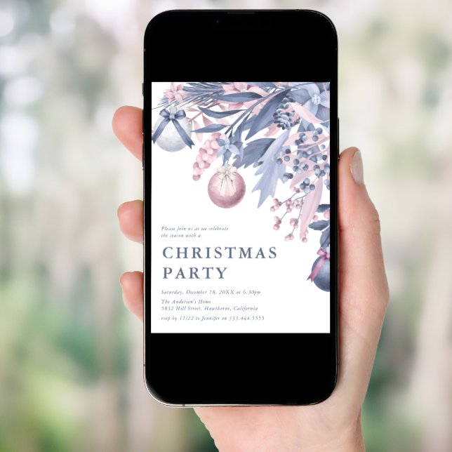 Girly Pink & Gray Winter Foliage Christmas Party I Invitation (Front Digital)