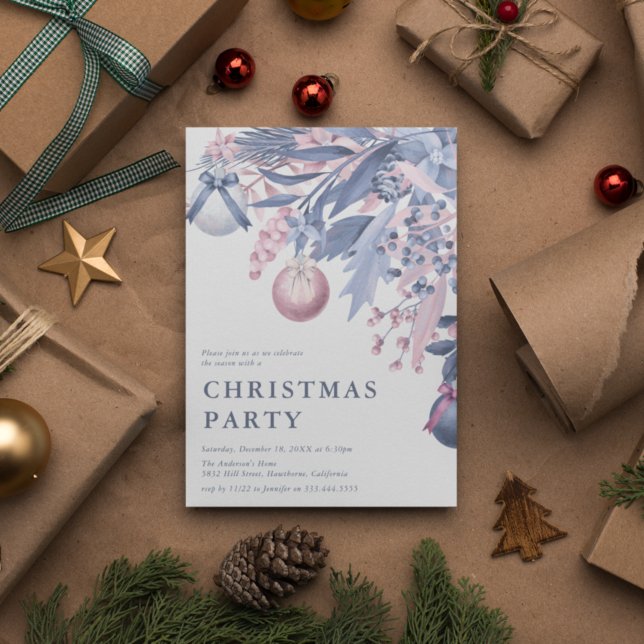 Girly Pink & Gray Winter Foliage Christmas Party I Invitation (Creator Uploaded)