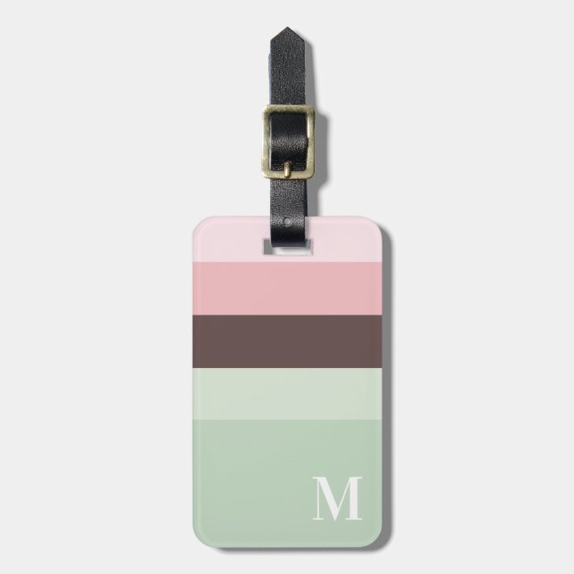 Girly Pink, Green Brown Striped Monogram Luggage Tag (Front Vertical)