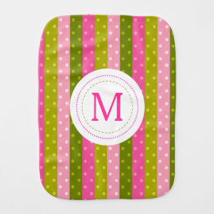 Girly Pink & Green Polka Dot Stripes Monogram Baby Burp Cloth