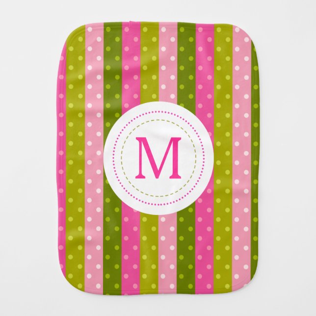 Girly Pink & Green Polka Dot Stripes Monogram Baby Burp Cloth (Front)