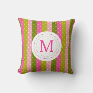Girly Pink & Green Polka Dot Stripes  Monogram Throw Pillow