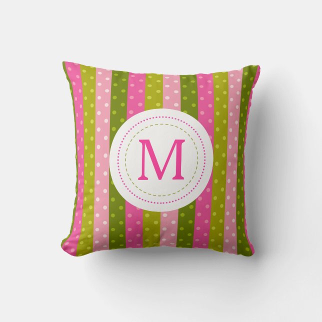 Girly Pink & Green Polka Dot Stripes  Monogram Throw Pillow (Front)