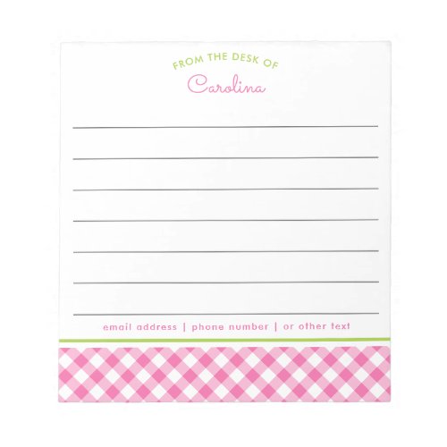 Girly Pink  Green Script Gingham Lined Notepad