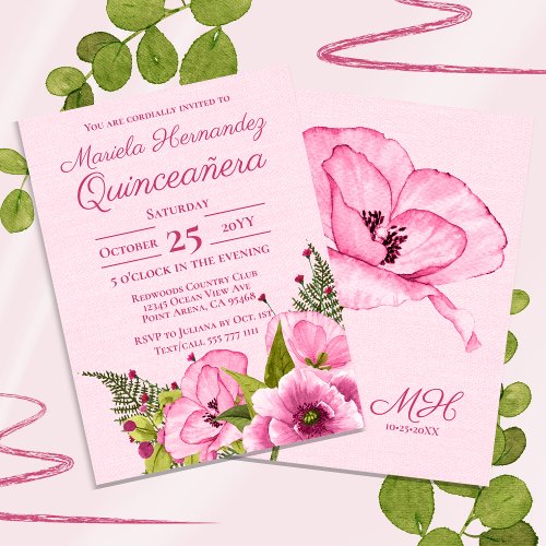 Girly Pink Green Watercolor Floral Quiceaera Invitation