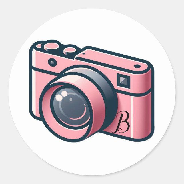 Girly Pink & Grey Camera Photography Personalized Classic Round Sticker (Front)