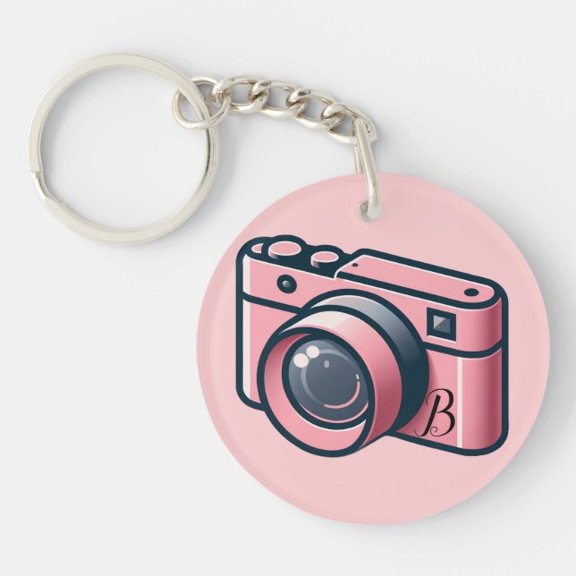 Girly Pink & Grey Camera Photography Personalized Keychain (Front)